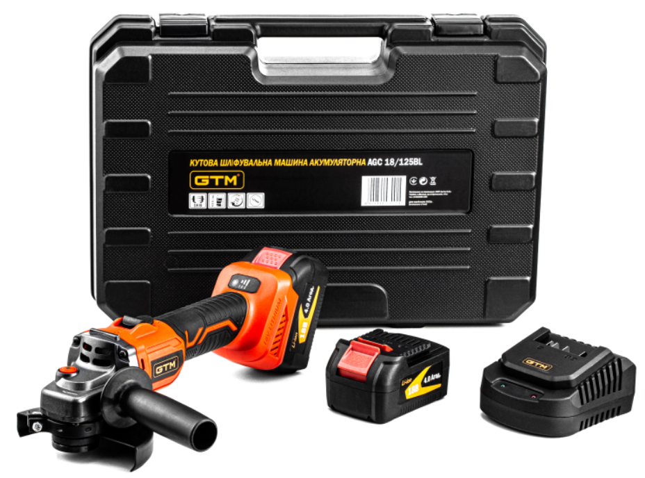 Кутова шліфмашина ак. 125мм GTM AGC18/125BL, 18В, 3000-8500об/хв +акум.4Аг-2шт, зарядний пристрій